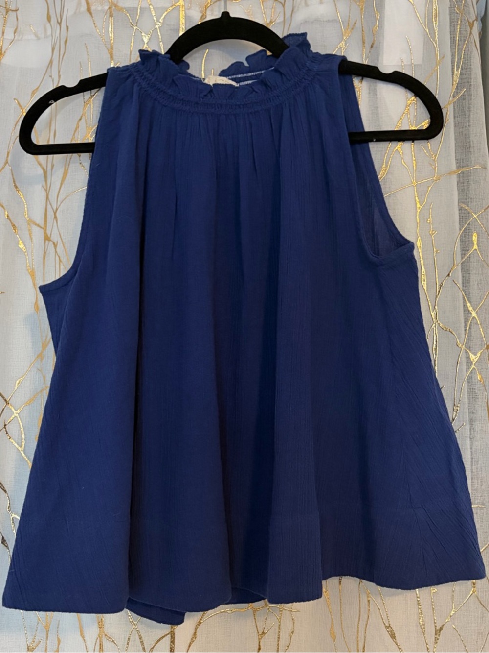 Suzi Kondi Navy Ruffled Mock Neck Sleeveless Top